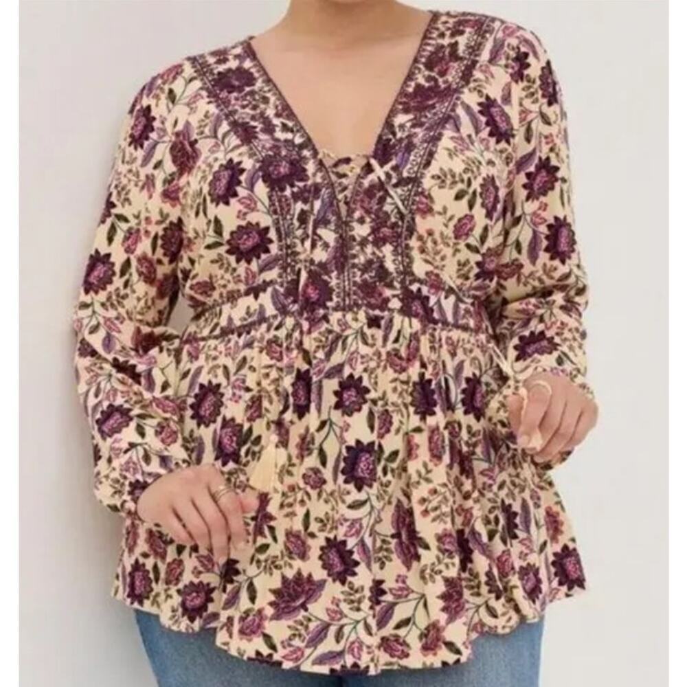 Torrid Womens Top Babydoll Crepe Boho Feminine Whimsy Lace Up Floral 1X - Picture 1 of 7